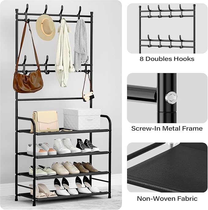 darsun Hall Tree with Shoe Storage Bench, 4-Tier Coat Rack with 8 Hooks, Multipurpose Entryway Organizer for Hall, Bedroom, Office, Shoe Bench with Storage (23.6in)