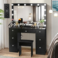 SMOOL Vanity with Lighted Mirror, Makeup Vanity Desk with Power Outlet and LED Bulbs, 3 Color Lighting Modes Adjustable Brightness, 7 Drawers Vanity Table with Cushioned Stool for Bedroom,Black
