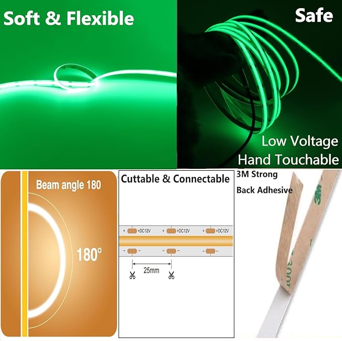 IP65 COB LED Strip Light, 480LEDs/m High Density Green, 16.4FT DC12V Flexible Cuttable, CRI90+ Uniform No-Spot Lighting for Kitchen,Bathroom&Under Cabinet, Home DIY Lighting Projects(No Power Supply)
