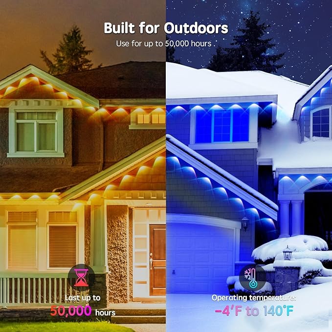 300FT Permanent Outdoor RGB Lights,IP67 Waterproof Smart LED Eaves Lights with App/Remote Control,for Christmas and All Holiday Decor,Daily and Accent Lighting,House Roof and Garden Lighting