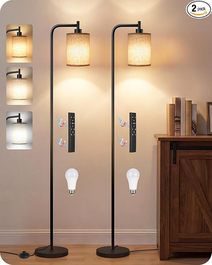 2Pack Dimmable Floor Lamp for Living Room with Remote and Foot Switch, Modern Standing, Corner Lamp,10W Bulb 3 Color Temperatures, for Bedroom, Office, ETL Listed, Black and Beige E19LDP205