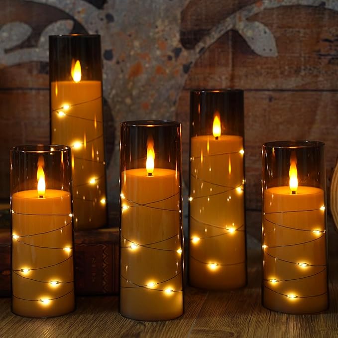 Flameless Candles with Embedded Star String, Battery Operated LED Pillar Candles with Timer and Remote Control,Home Decorating for Ambiance， Set of 7(Grey)