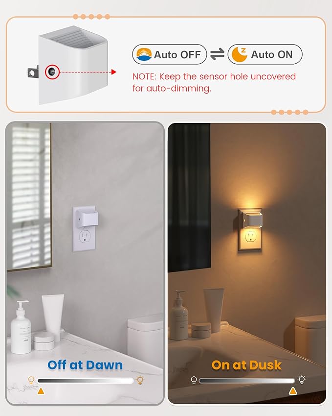 NIORSUN Plug in Night Light, Auto Brightness Sensor Night Light, 3000K Warm White, Ultra-Slim Wall Light for Hallway Bathroom Bedroom Stairs, White, 4 Pack