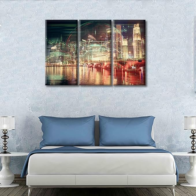 TUMOVO Wall Art Modern Buildings and Various Charts Pictures Living Room Wall Decor 3 Pieces Trading Graph on The Cityscape at Night Background Black and White Wall Art Ready to Hang (42" Wx28 H)