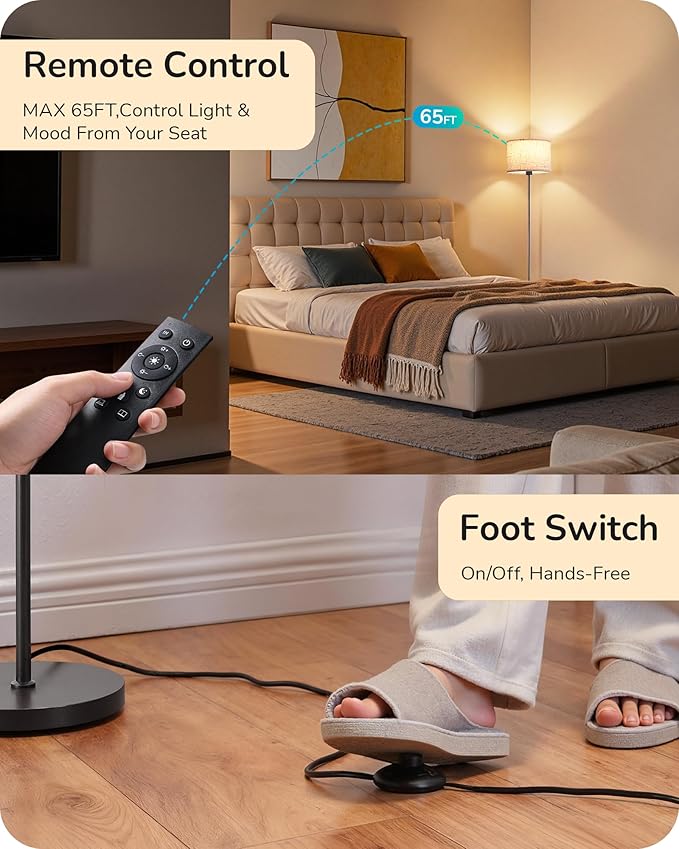 EDISHINE Dual Shades Floor Lamps for Living Room with Foot Switch, 63.7" Modern Standing Lamp with Remote Control, Stepless Dimmable Minimalist Lamps for Bedroom, Office, (9W Bulb Included), Black