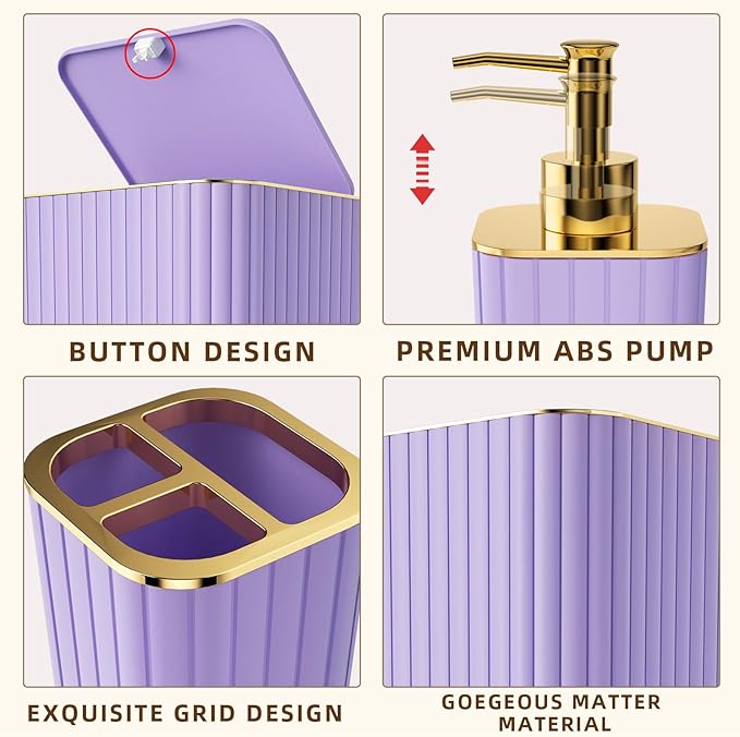 XLHOMO Bathroom Accessories Set - 25PC Bathroom Sets with Shower Curtain and Rugs, Purple Bathroom Set with Trash Can, Soap Dispenser, Soap Dish & Toilet Brush