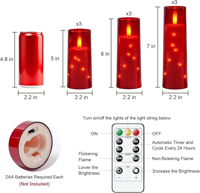Raycare Flameless Candle with Remote Timer – 9 Flickering Acrylic Battery Operated LED Pillar Candles with Embedded Star String for Valentine's Day, Home Decor, and as a Gift (Red)