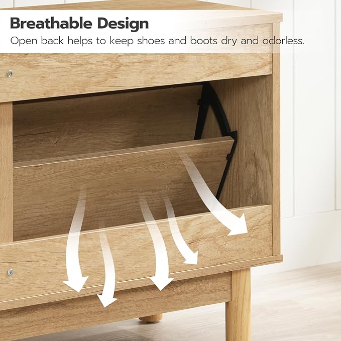 HOOBRO Rattan Shoe Storage Bench with Double Flip Drawers, Narrow Shoe Storage Organizer for Entryway, 11.8"D x 39.4"W x 20.9"H Hidden Space Saving Wooden Shoe Cabinet for Hallway, Natural NL51HX01