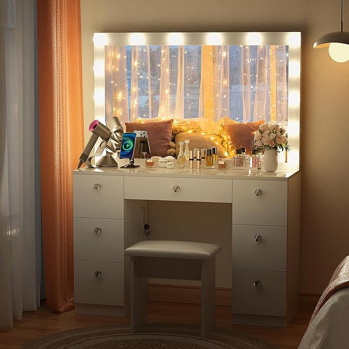 SMOOL Vanity with Lighted Mirror, Makeup Vanity Desk with Power Outlet and LED Bulbs, 3 Color Lighting Modes Adjustable Brightness, 7 Drawers Vanity Table with Cushioned Stool for Bedroom, Marble