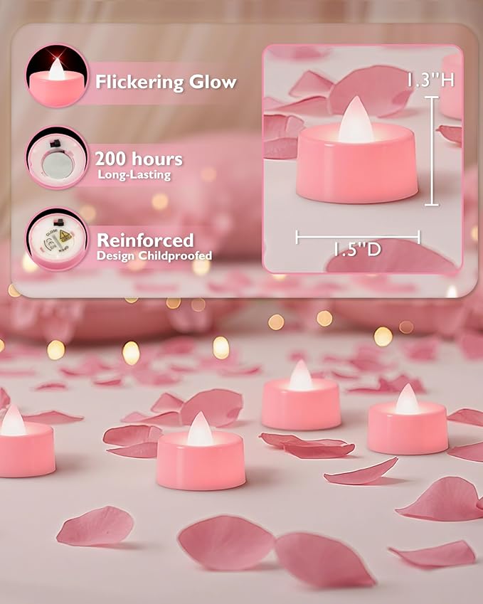Amagic 30 Pcs Pink Flickering Flameless Tea Lights Battery Operated, 200+ Hours Long Lasting Colored Candle for Wedding, Table Centerpiece, Theme Party, Aniversary, Proposal, Christmas, Pink Base
