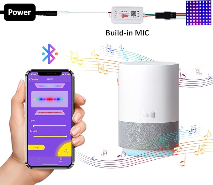 SP107e LED Controller, Music-Sync RGB Pixel Controller for WS2812b/Ws2811/SK6812 LED Strips & Screen Lighting, APP-Controlled Smart System with Real-Time Audio Effects