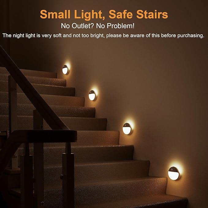 2 Pack Toliet Lights, 2.6" Small Motion Sensor Battery Night Light, Dimmable LED Nightlight, 3 Light Modes, Stick on Lights for Bathroom, Travel, Stairs, Cabinet, Bedroom, Kids, Warm Yellow