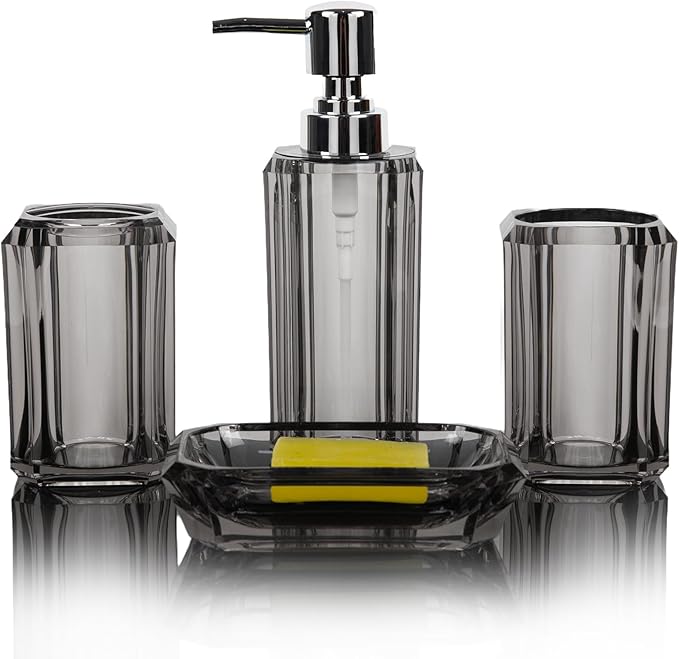 4-Piece Modern Gray Bathroom Accessories Set — Soap Dispenser, Soap Dish, Mouthwash Cup & Toothbrush Holder, Glossy Acrylic with Gray Finish, Vanity Countertop Organizer