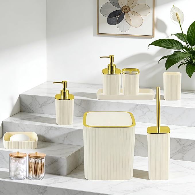 Bathroom Accessories Set-9PC Set, Complete Bathroom Decor & Home Decor, Bathroom Set with Toilet Brush, Trash Can, Soap Dispenser,Modern Home Bath (Beige&Gold, Bath Set)
