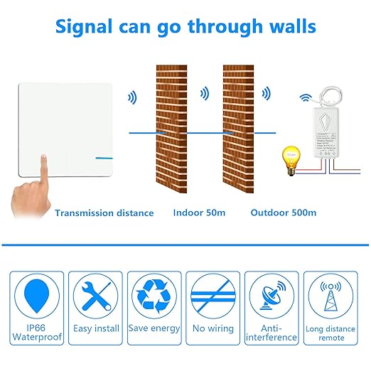 Thinkbee Wireless Light Switch Kit, Remote Wall Switch with Mini Receiver, IP66 Waterproof, Outdoor 1969ft Indoor 130ft for Ceiling Lights Lamps