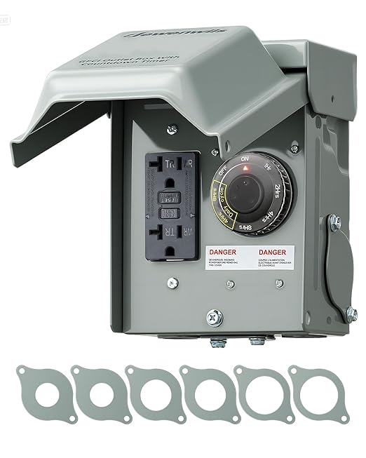 DEWENWILS Outdoor Outlet Box with 20 AMP WRTR GFCI Receptacles, Countdown Function & 4/8 Hrs Cycle, 125V/2500W, 1/2hp Rainproof 3R Enclosure, Outdoor Electrical Outlet Box for Decor, Yard