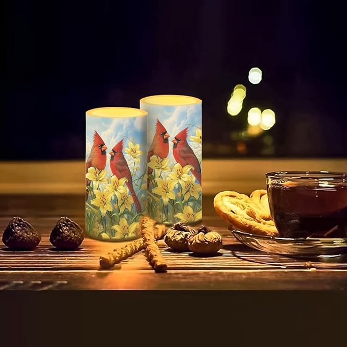 Cardinal Bird Flameless Candles 2 Pack 6 x 3 inch Battery Operated Candles with Multicolor Timer Remote Control LED Fake Candles for Warm Light Dinner Table Home Decor