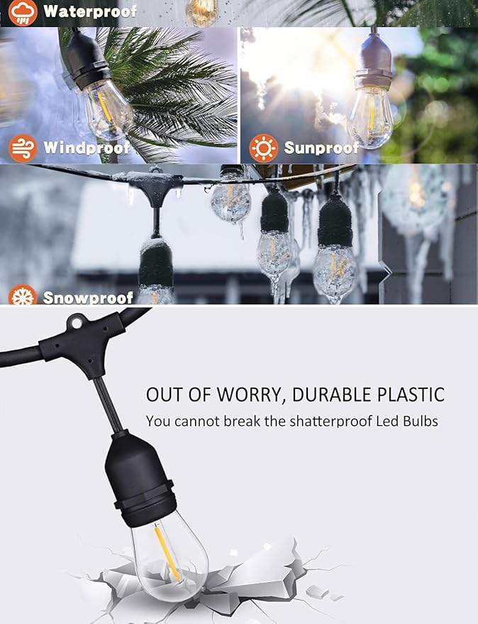 150 FT Outdoor String Lights for Outside Black with 48pcs Replaceable S14 Edison Lights 2200K, Weatherproof for Patio Pergola Gazebo Backyard, 1-Pack, Hooks and Zip Ties Included, Connectable