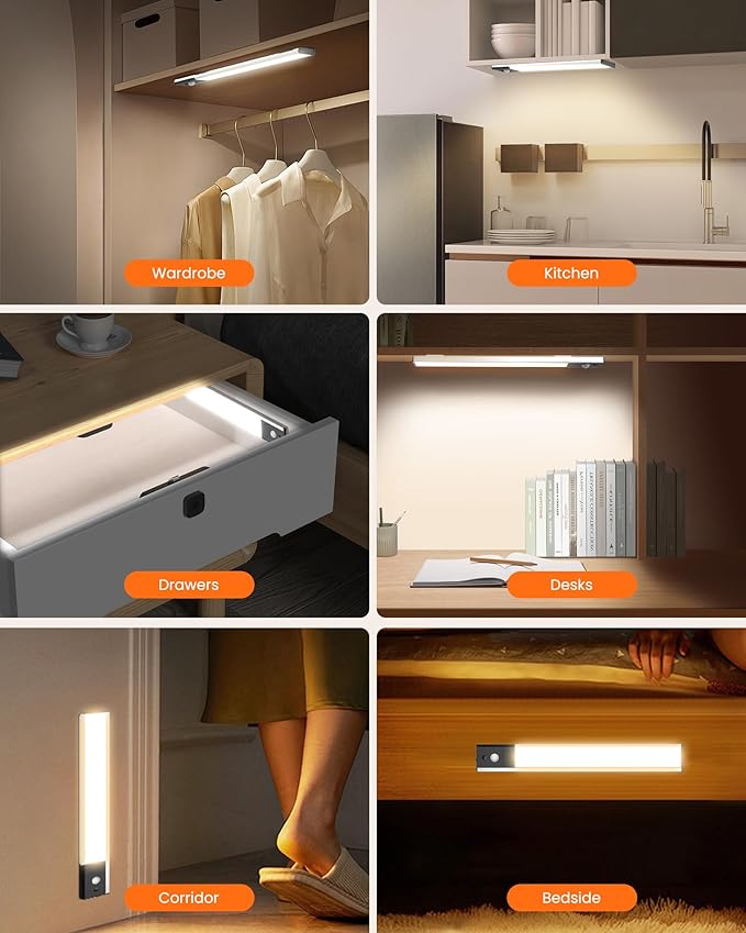 ALUSSO LIGHTING 80 LED Wireless Under Cabinet Lighting with Motion & Hand Wave Sensor, 3CCT Dimmable Magnetic Closet Lights, Rechargeable Battery Operated Under Counter Lights for Kitchen, 4 Pack