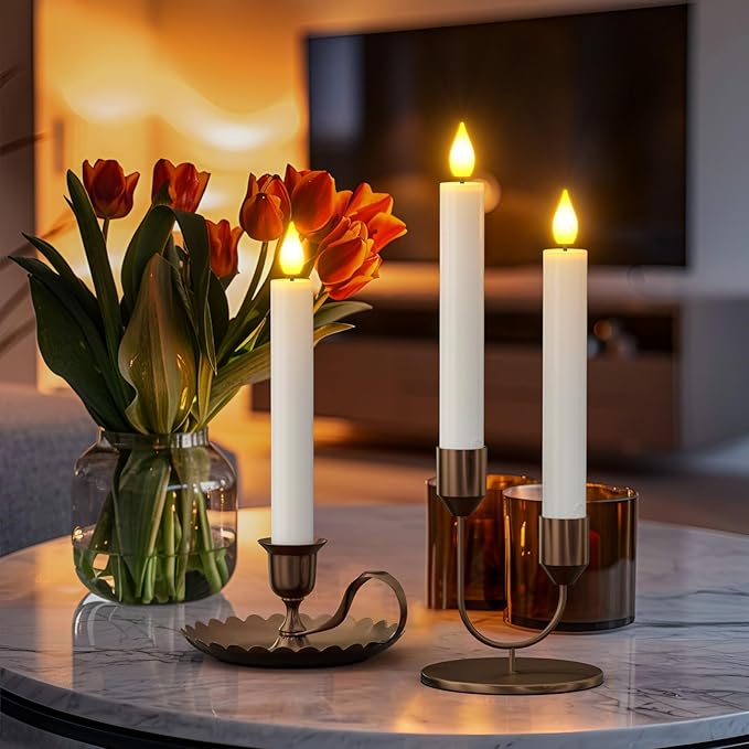SoulBay 10pcs Flameless Rechargeable Taper Candles, Bright Realistic Flickering LED Electric Candlesticks with Charging Base and Remote Timer for Home Windowsill Christmas Decorations, 0.78" x 6.7"