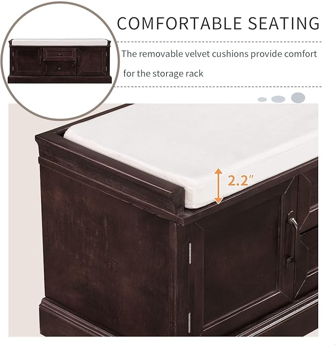 GDFStudio Rustic Storage Bench with 4 Doors 2 Draws Adjustable Shelves Removable Cushion Rectangular Cabinet Foot Rest Stool Solid Wood Shoe Bench Seating for Entryway Living Room, Espresso