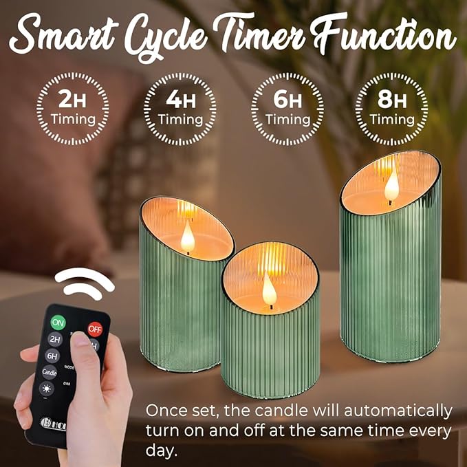 Rechargeable Flameless Candle, Flickering LED Pillar Glass Fake Candle with Remote and Timer, Built-in Battery Real Wax Electronic Candle for Room Decoration, Set of 3