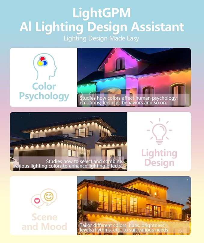 RGB Permanent Outdoor Lights, Smart APP & Remote Control, IP67 Waterproof, for Eaves, Patio, Yard, Party, Villa, 16 Million Colors & Scene Modes
