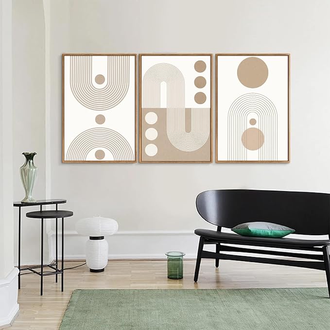 YeeHomedec Boho Beige Framed Canvas Wall Art, Mid Century Modern Wall Decor, Bohemian Abstract Minimalist Artwork, Neutral Geometric Line Art Painting for Living Room Bedroom Office 24"x36"x3