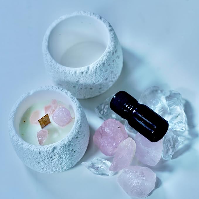 Pink Quartz Crystal Essential Oil Diffuser & Candle Set – Soy Wax Candle, Crystal Diffuser Stones & 10ml Essential Oil | Relaxation Aromatherapy Home Décor Gift Set