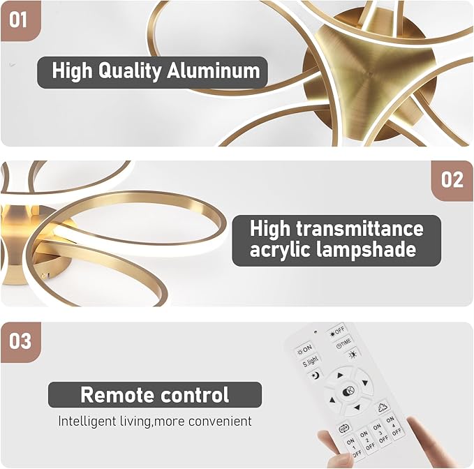26inch Modern LED Ceiling Light, 6 Rings Flower Flush Mount Light Fixture with Remote Control Gold Dimmable Ceiling Lamp for Bedroom, Dining Room, Hallway, Kitchen