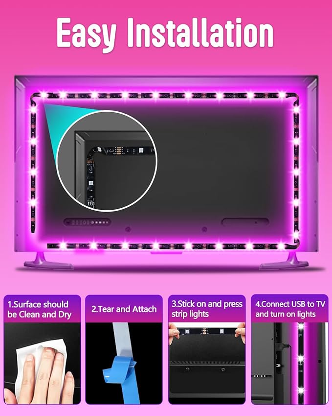 LED Lights for TV Led Backlight, 16.4ft LED TV Backlights for 45-75 inch USB TV Behind Lighting Color Changing RGB TV Led Light Strip with Remote Music Sync Bluetooth APP Control for Bedroom Gaming