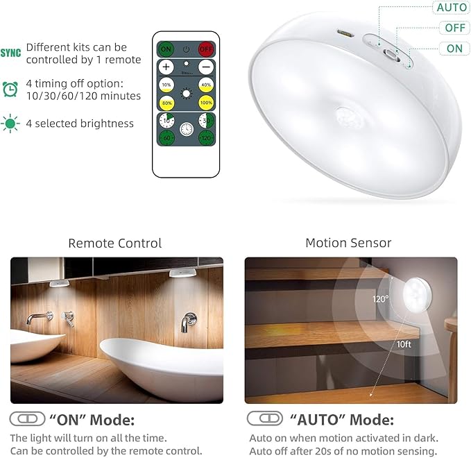 Lightbiz LED Closet Lights Wireless Motion Sensor Puck Light, Newest Version USB Rechargeable Dimmer Step Light with Remote, Night Safe Lighting for Under Cabinet, Kitchen, Hallway, Stairs (3 Pack)