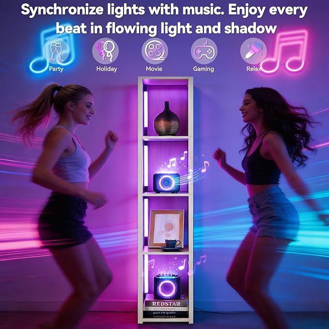 RGBCW Floor Lamp with Shelves, Smart Modern Floor Lamp with Music Sync, LED Color Changing Corner Display Shelf Lamp, Tall Lamps for Living Room and Bedroom, Bookshelf Lamp, Whitewashed Oak