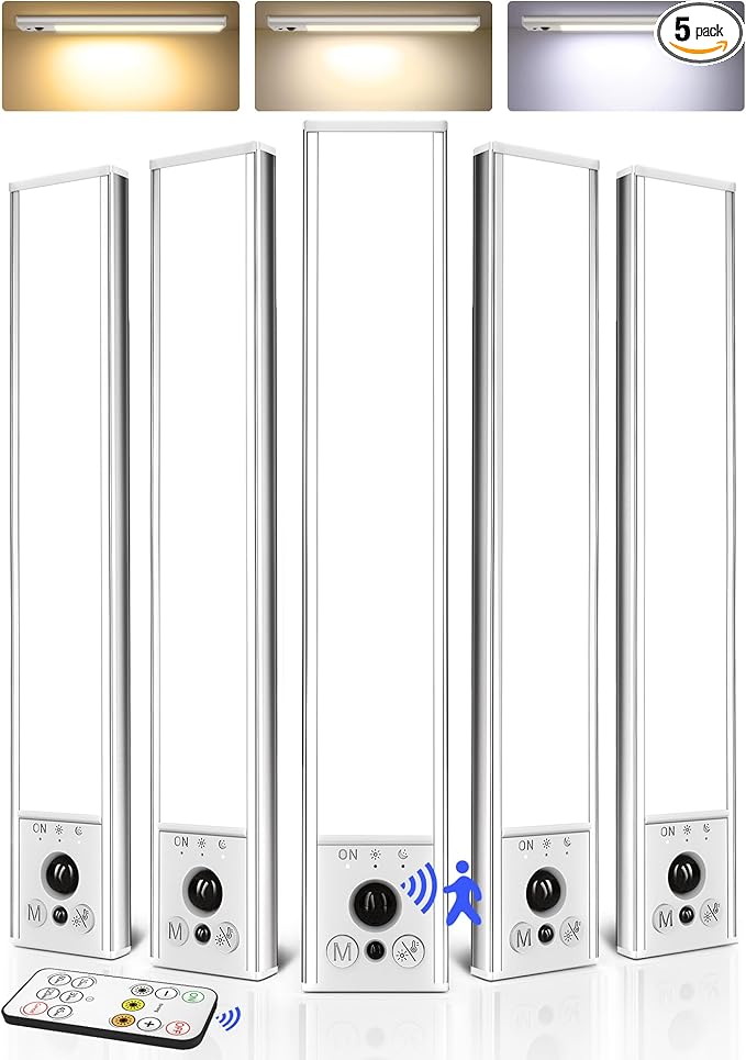 EZVALO 5-Pack Under Cabinet Lighting, 2400mAh Rechargeable Motion Sensor Light, 10inch Magnetic Closet Lights with Dimmable & 3 Color Temps, Wireless Motion Activated Lights with Remote for Kitchen
