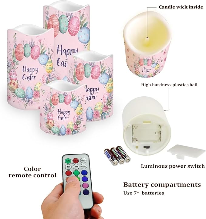 Easter Egg and Floral Plastic Flameless Candles with Remote Control and Timer LED Flickering Battery Electric Pillar Candles for Table Easter Decoration