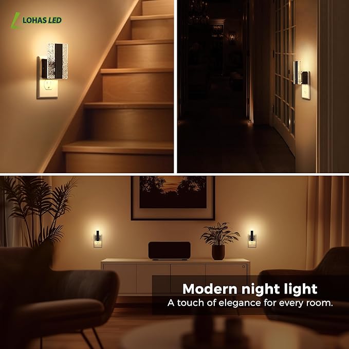 L LOHAS LED Night Lights Plug Into Wall, 2 Pack Night Light with Dusk-to-Dawn Sensor, Dimmable Decorative LED Nightlights, 0-100LM 3000K Adjustable Brightness for Bathroom, Hallway, Bedroom,Stairway
