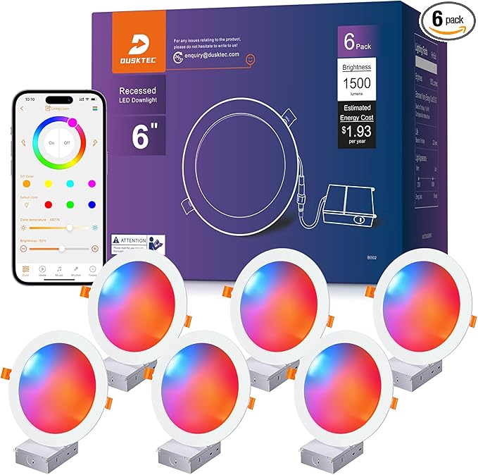 DUSKTEC Smart Recessed Lighting 6 Inch, RGBCW LED Recessed Ceiling Light Compatible with Alexa, Siri, Google Assistant, Dimmable 16W 1500LM Canless Downlight with Junction Box for Living Room, 6 Pack