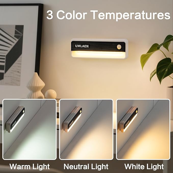 2 Pack Motion Sensor Lights Indoor, 1800mAh Rechargeable Motion Activated Night Light, 3 Colors | 2 Modes Stick On Lights for Stairway, Stair, Bedroom, Hallway, Kitchen, Cabinet, Closet