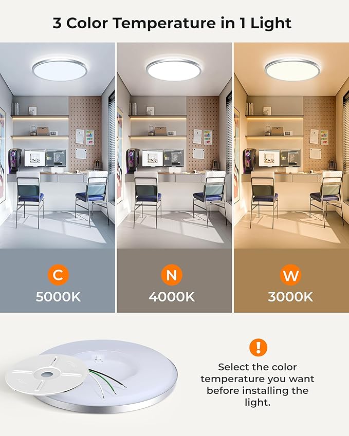 BLNAN 15.4 Inch LED Flush Mount Ceiling Light, 3000K-5000K 3 Color Selectable Ceiling Lights, 36W 3600LM Closet Light Fixture, Ceiling Lamp for Bedroom, Dining Room, Kitchen, Silver