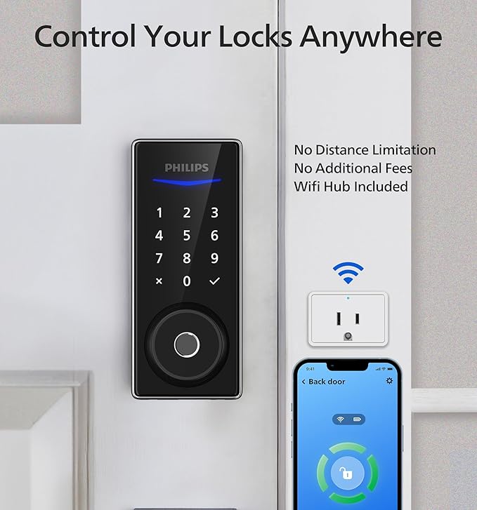 Philips Wi-Fi Smart Door Lock, Keyless Entry Door Lock with App Control,Fingerprint ID,Auto Lock,Keypad Deadbolt with Wi-Fi Bridge Adaptor
