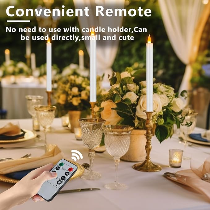 Flameless Taper Candles 10" Dripless Battery Operated Taper Candles Included Remote Timer 400+ Hours by 2AA Batteries for Halloween Christmas Wedding (White, 12 Pack)