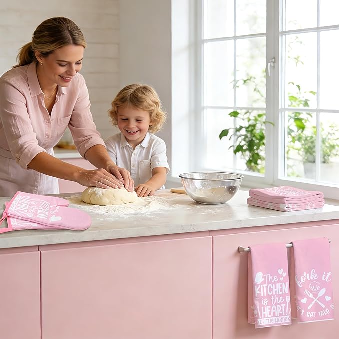 8 Pcs Pink Kitchen Decor Set 4 Pink Kitchen Dish Towels 2 Oven Mitt 2 Pot Holders for Kitchens Cooking Baking Spring Valentine's Day Decoration Farmhouse Housewarming Accessories Mom Gifts