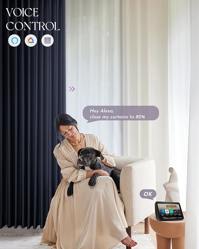 Graywind Rechargeable Smart Curtains Compatible with Alexa App Remote Control Motorized Drape for Sliding Door One-Way or Split Draw, Custom Width Up to 220" (Sapphire Blue)