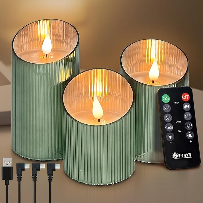 Rechargeable Flameless Candle, Flickering LED Pillar Glass Fake Candle with Remote and Timer, Built-in Battery Real Wax Electronic Candle for Room Decoration, Set of 3
