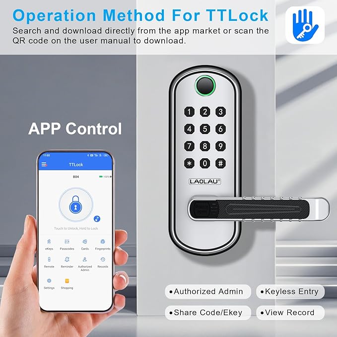 B04 Fingerprint Electronic Door Lock with Keypad and Handle – Keyless Entry Smart Door Lock, Remote APP Control, Code Unlock, Silver, Smart Locks for Front Door, Home, Office Use