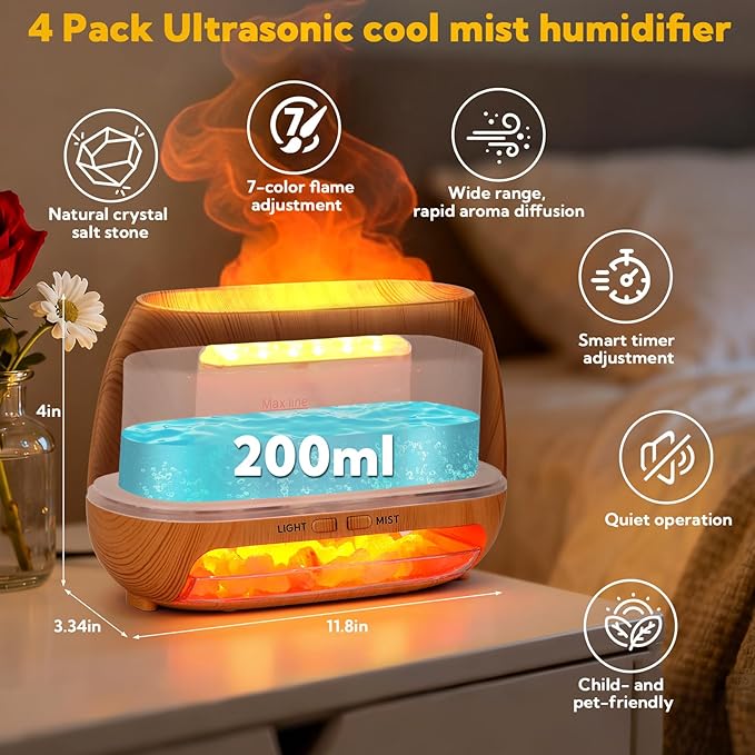 4 Pack Flame Diffuser Essential Oil Diffuser with Cool Mist Himalayan Salt Lamp 7 Colors LED Light 200ml Ultrasonic Aroma Diffusers for Bedroom Office Spa Yoga Room Gift,Wooden Grain