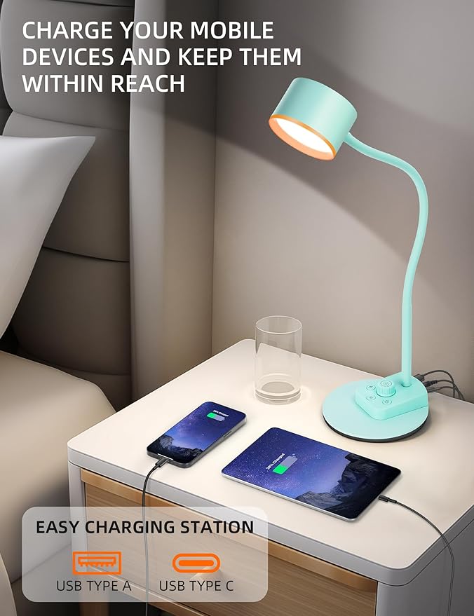 Desk Lamp, Fully Dimmable Bedside Reading Lamp with USB C + A Charging Ports, 5 Colors, Simple to Operate, Eye Care Metal Table Lamp Efficient Desk Lamps for Home Office College Dorm Room