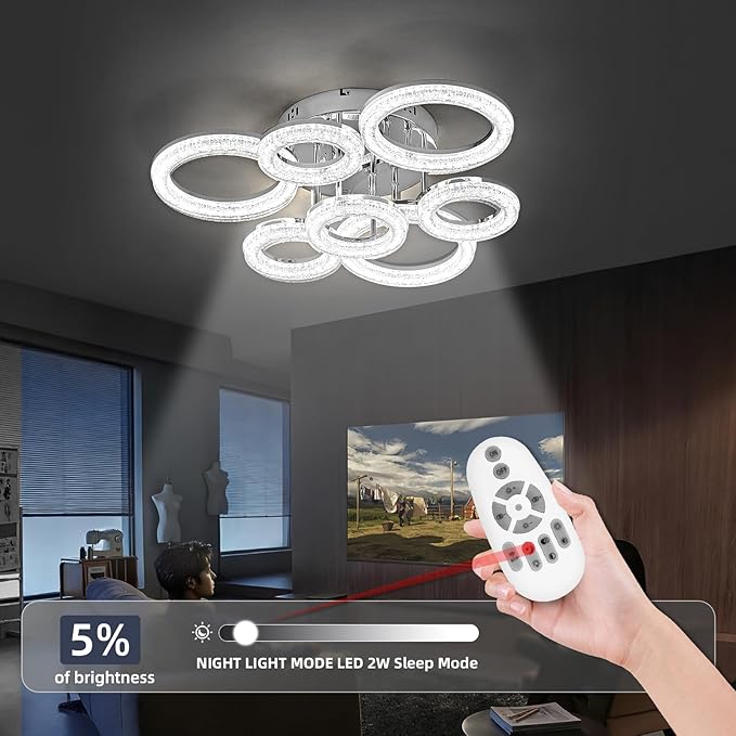 OKELI Modern Ceiling Light, 7 Rings 23'' Dimmable LED 106W Flush Mount Ceiling Lights with Remote Acrylic Crystal Round Ceiling Light Fixture, Bedroom Living Room Dining Room, Chrome