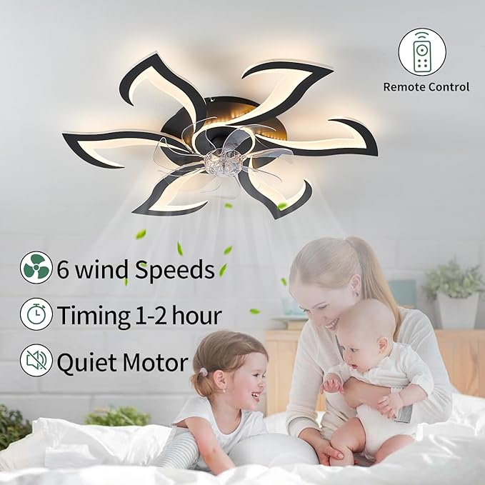 Modern Ceiling Fan with Light and Remote, Low Profile Ceiling Fans with Lights, 32 Inch Black Flush Mount Ceiling Fan with 3 Light Color 6 Speeds, Fandelier Ceiling Fans for Kitchen Bedroom