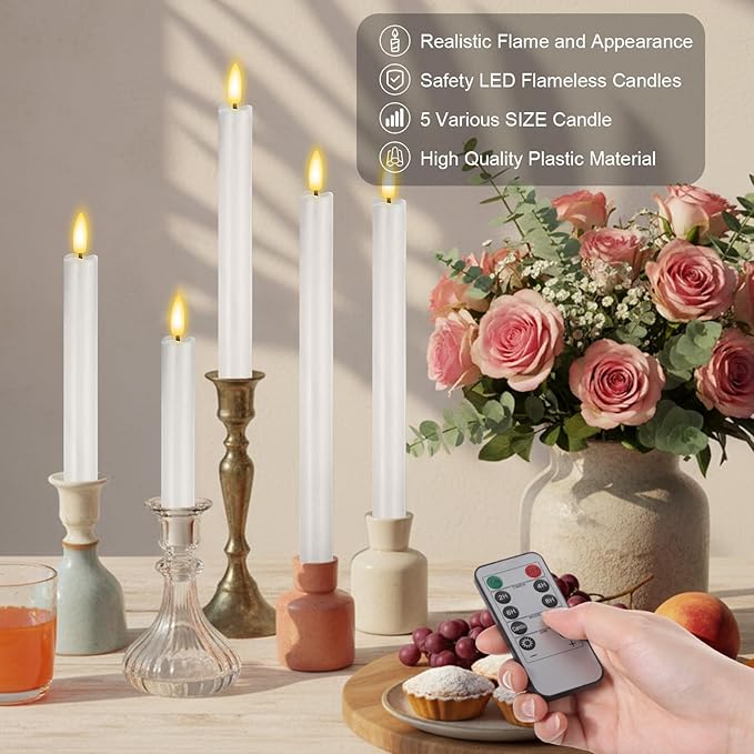 20 Pcs Flameless Taper Candles with Remote Battery Operated Taper Candles Include 6.5'' 7.7 8.9 10 11.2 Fake LED Electric Candle Sticks for Valentine's Day Home Wedding Decor (White)
